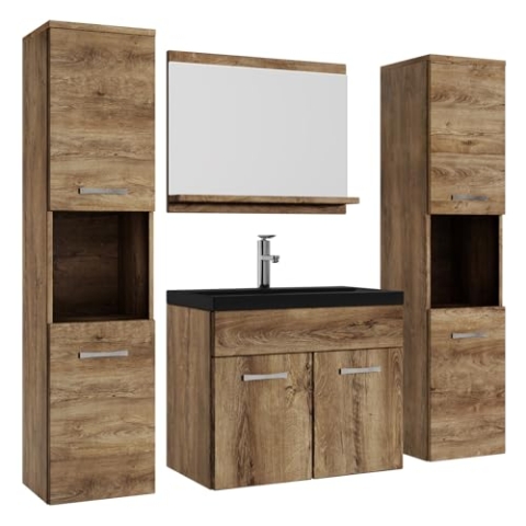 Badplaats B.V. Badezimmer Badmöbel Set Montreal XL 60cm Schwarze Waschbecken - Braun Eiche - Unterschrank Hochschrank Waschtisch Möbel