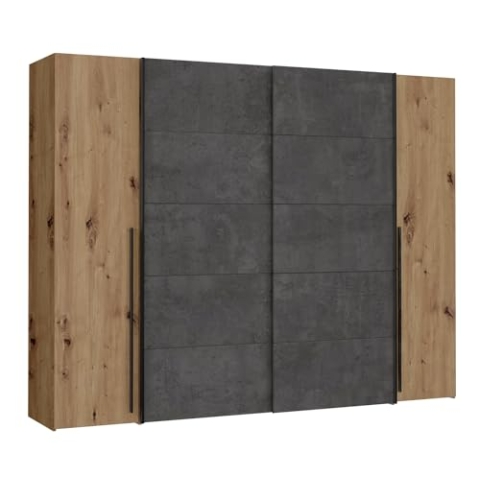 Forte Narago Schrank 270, Kleiderschrank, Schwebetürenschrank mit Drehtüren, Holzdekor Artisan Eiche kombiniert mit Grau, 270,3 cm breit x 210,5 cm hoch x 61,2 cm tief