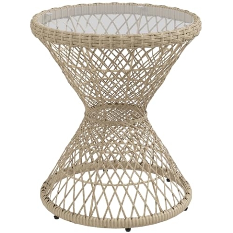 Outsunny Beistelltisch Rattan Gartentisch, 45 x 45 cm Couchtisch mit UV-Schutz, Balkontisch mit Tischplatte aus Sicherheitsglas, Kaffeetisch im Boho-Design, Braun