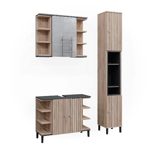 Vicco Badmöbel-Set Aquis, Badezimmerschrank-Set, Sonoma/Anthrazit, 3 Teile, mit Hochschrank