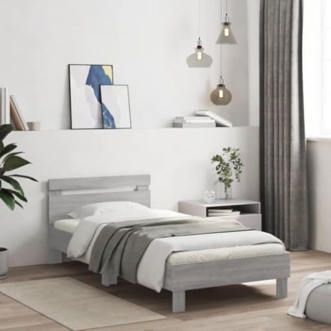 vidaXL Bettgestell, Bettrahmen mit Lattenrost, Bett Gästebett mit Kopfteil LED-Leuchten, Einzelbett Schlafzimmerbett Schlafzimmermöbel, Grau Sonoma 100x200cm