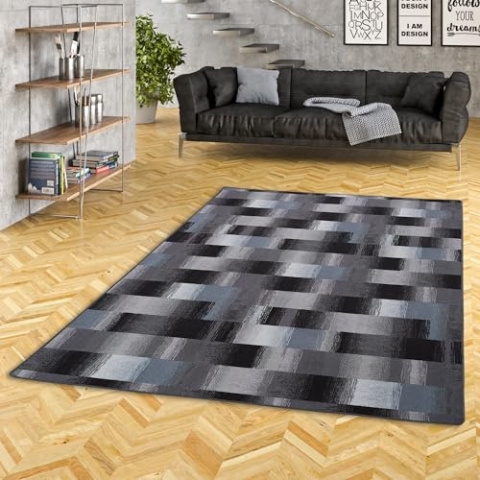 Snapstyle Designer Velour Teppich Mystic Karo Blau Grau Anthrazit in 24 Größen