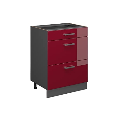 Vicco Küchenunterschrank R-Line, Bordeaux Hochglanz/Anthrazit, 60 cm mit Schubladen, ohne Arbeitsplatte