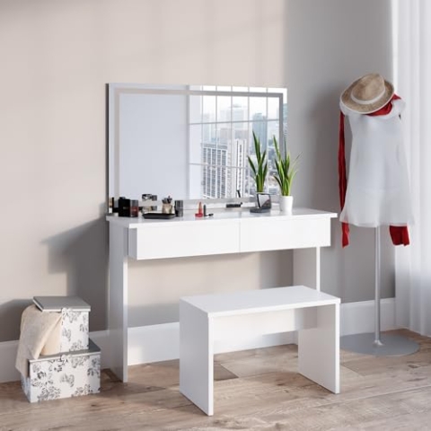 Vicco Schminktisch Azur, Kosmetiktisch mit Spiegel, Weiß, 120 cm mit LED Spiegel und Bank