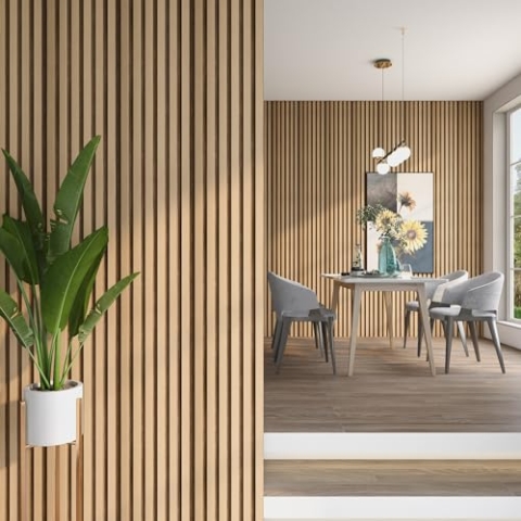 neu.holz Wandpaneele Borger 5er Set Wandverkleidung zum Kleben 3D Paneele 195 x 30 cm Wand Deko Indoor Lamellenwand Eichenoptik hell