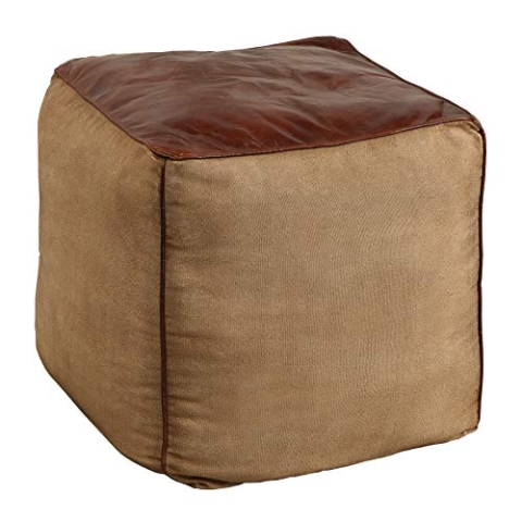 invicta INTERIOR Retro Sitzpouf Mustang 53cm Lederbezug mit Leinen Sitzwürfel Pouf Sitzhocker