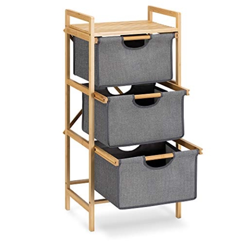 Navaris Badregal Regal aus Bambus mit Körben - 96x44x33cm Bambusregal Wäschekorb Wäschesammler Sortierer Wäschekörbe - 3 Fächer für Wäsche