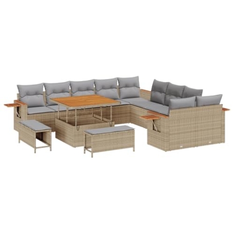 vidaXL 13-teiliges Garten-Sofa-Set mit Kissen Beige Poly-Rattan Akazie, 3-teiliges Garten-ESS-Set mit Kissen Beige Poly-Rattan Akazie