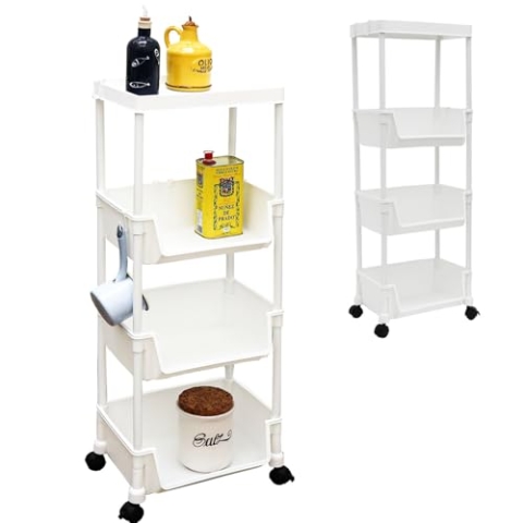 MAKLIK 2er Set Rollwagen mit Körben - 35x24x100 Aufbewahrungswagen - Allzweckwagen für Bad und Küche Stauraumregal Nischenregal Korbwagen mit Rollen Küchenrollwagen Gemüsewagen Obstwagen Badrollwagen