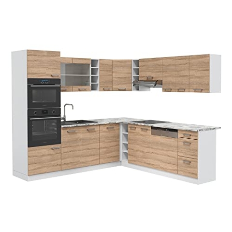 Vicco Eckküche R-Line, Küchenzeile in L-Form, Sonoma/Weiß, 237 x 247 cm, AP Marmor