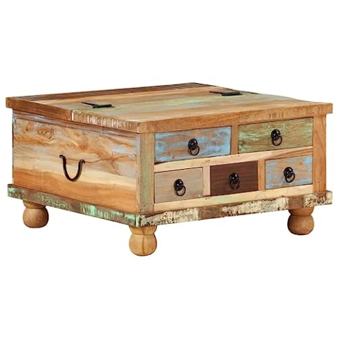 vidaXL Couchtisch mit 5 Schubladen 1 Staufach Vintage Beistelltisch Wohnzimmertisch Kaffeetisch Sofatisch Teetisch Recyceltes Massivholz 70x70x38cm