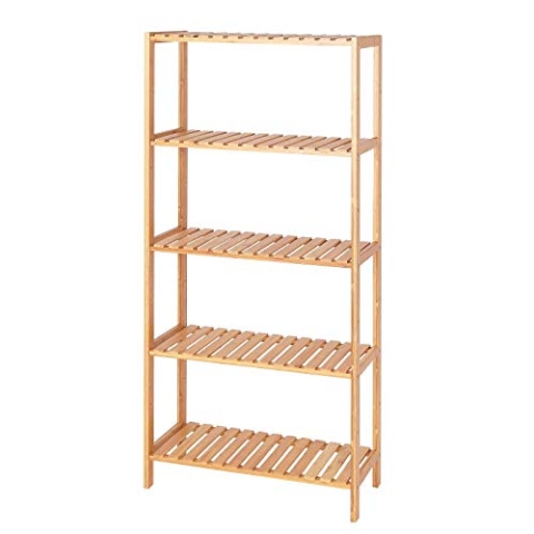 dibea Bambusregal mit 5 verstellbaren Ablageflächen Schuhschrank Badezimmerregal Wohnzimmerregal Standregal Badregal Bücherregal Küchenregal zu Regalwand kombinierbar 60x26x130 cm, naturfarben