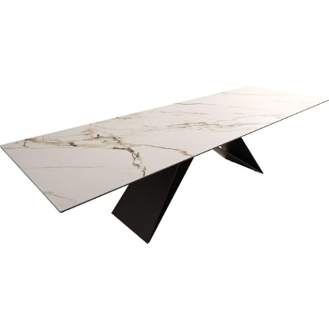 DELIFE Esszimmertisch Edge Keramik Calacatta Luxe Weiß-Gold-Grau 300x100 V-Gestell Flachstahl Schwarz