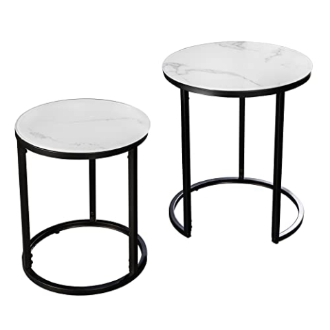 riess-ambiente.de Design Beistelltisch Elegance 2er Set weiß rund Kristallglas mit Marmor-Dekor schwarzes Gestell