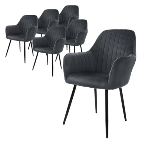 ML-Design 6er Set Esszimmerstühle mit Rücken- und Armlehnen, Grau, Küchenstühle mit Samtbezug, Polsterstühle mit Metallbeinen, Ergonomische Stühle für Esstisch, Wohnzimmerstühle Esszimmerstuhl