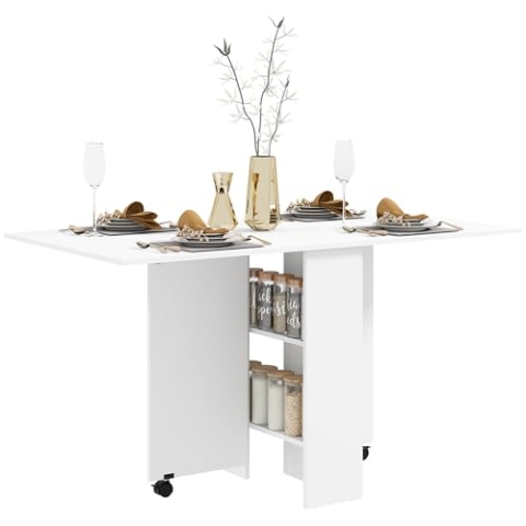 HOMCOM Esstisch, Klapptisch mit Rollen, Schreibtisch, Beistelltisch, Tisch mit Ablagefläche für Esszimmer, Holz, Weiß, 80 x 140 x 74 cm