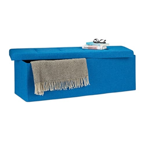 Relaxdays Faltbare Sitzbank XXL, Sitzcube mit Stauraum, Sitzwürfel aus Leinen, mit Deckel, HBT 38 x 114 x 38 cm, blau
