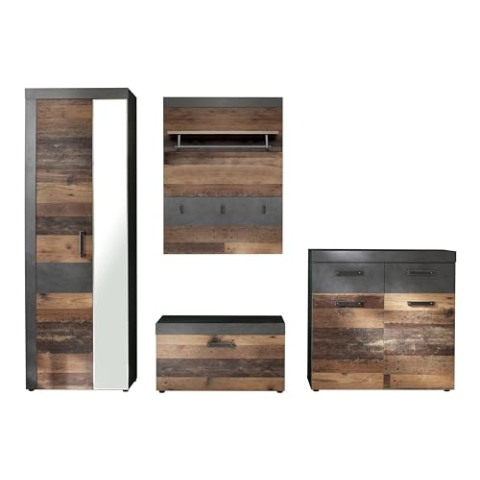 trendteam smart living - 4-teilige Garderobenkombination Garderobenmöbel - Garderobe - Indy - Aufbaumaß (BxHxT) 265 x 192 x 37 cm - Farbe Graphit Grau Matera mit Old Wood - 187992223