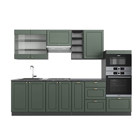 Vicco Küchenzeile Fame-Line, Grün-Gold Landhaus/Anthrazit, 280 cm ohne Arbeitsplatte