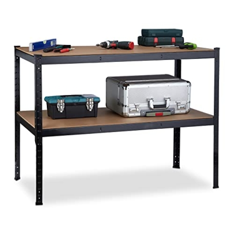 Relaxdays Werkbank, 2 Ebenen, höhenverstellbar, Werktisch, zum Stecken, Werkstatt, Stahl, MDF, HBT 90x120x60 cm, schwarz