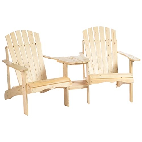 Outsunny Adirondack Gartenstuhl mit Tisch und Schirmloch 2 Sitzer Gartensessel Sitzgruppe Gartenmöbel für Balkon Massivholz Natur 178 x 87 x 92 cm