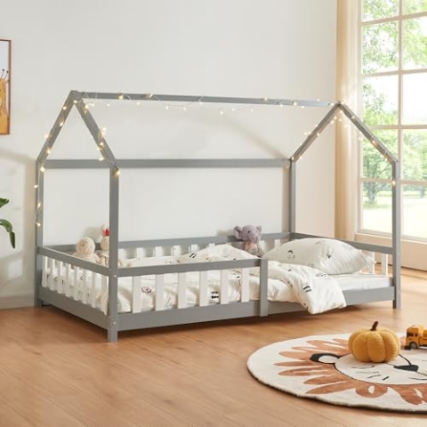 [en.casa] Kinderbett Hesel Hausbett Grau 140 x 200 cm mit Rausfallschutz und Lattenrost Bodenbett Jugendbett Holzbett