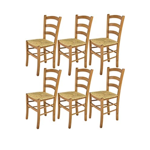 t m c s Tommychairs - 6er Set Stühle Venice für Küche und Esszimmer, robuste Struktur aus lackiertem Buchenholz im Farbton Eichenholz und Sitzfläche aus Stroh