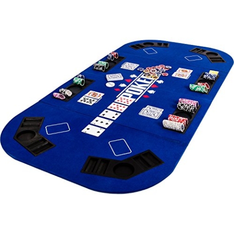 GAMES PLANET Faltbare Pokerauflage „Straight“ für bis zu 8 Spieler, Maße 160x80 cm, MDF Platte, Getränkehalter, Chiptrays, Blau