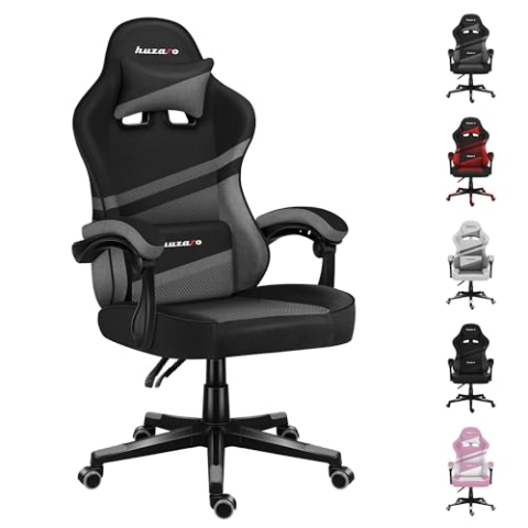 huzaro Force 4.4 Grey Mesh | Gaming Stuhl PC Bürostuhl Schreibtischstuhl Ergonomischer Gamer | Kopfstütze Lendenkissen | bis 130 kg belastbar | Höhenverstellbar Wippfunktion | Stoff | Grau