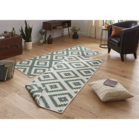 NORTHRUGS Outdoor Teppich Malta-Wendeteppich Wetterfest Modernes Geometrisches Muster Läufer für Balkon Terrasse Garten Wintergarten Wohnzimmerteppich Wasserfest, Polypropylen, Grün,Creme, 80x250cm