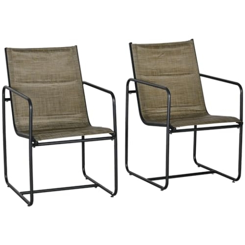 Outsunny Gartenstühle 2er-Set, Gartensessel Set mit Armlehne, Terrassenstuhl, Balkonstuhl, Mesh, Stahl, Braun, 54 x 66,5 x 88 cm