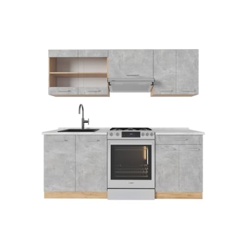 Vicco Küchenzeile R-Line, Küchenblock, Beton/Goldkraft Eiche, 200 cm, AP Marmor