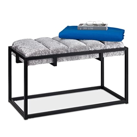 Relaxdays Sitzbank, gepolsterte Flurbank mit Samtbezug, HxBxT: 47 x 80 x 40 cm, Metall, Elegante Bettbank, grau/schwarz