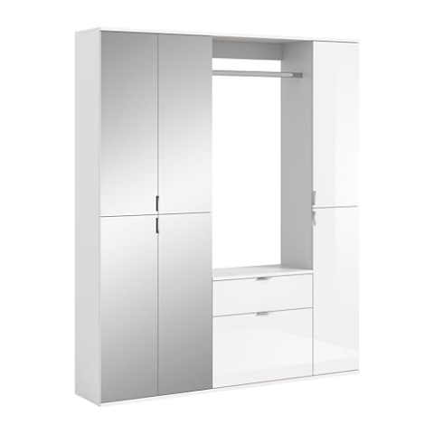 xonox.home Systemmöbel Projekt X 4tlg.Kombination Garderobe Ankleidezimmer Schranklösung Büro Ordnungssystem in Front weiß Hochglanz/Spiegel Korpus weiß Nb., ca. 152x193x34 cm