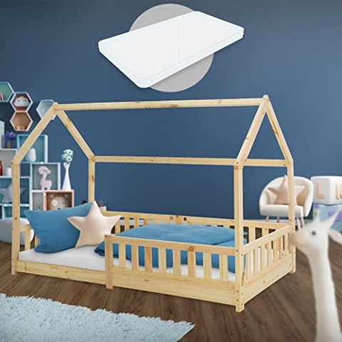 ML-Design Kinderbett 90x200 cm Natur mit Matratze H:16 cm, Rausfallschutz, Dach, Lattenrost, Massivholz Spielbett, Hausbett für Mädchen & Jungen, Bettenhaus Kiefernholz, Jugendbett Kinderhaus Holzbett