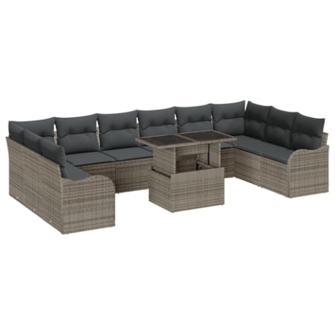 vidaXL 11-teiliges Garten Sofa Set mit Kissen Grau Poly Rattan, 2-Sitzer Garten Sofa mit Kissen Grau Poly Rattan