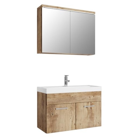 Badezimmer Badmöbel Set Paso 02 80cm Waschbecken Eiche Kastanie - Unterschrank Schrank Waschbecken Spiegelschrank Schrank
