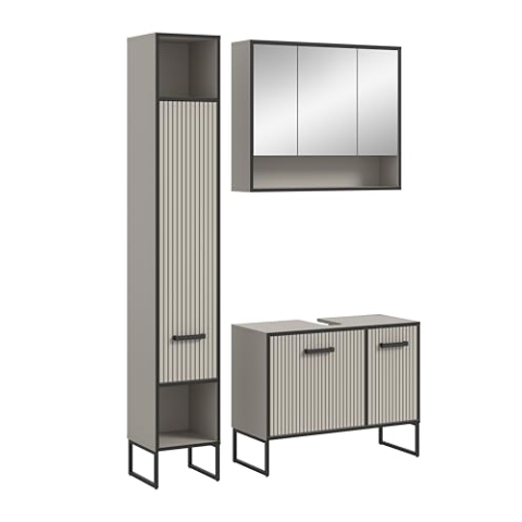 xonox.home Badezimmer Bagno 3tlg. Kombination Badmöbel Set kleine Bäder Komplettprogramm Bademöbel-Set in Kaschmir beige Nb. Absetzung schwarz Nb.