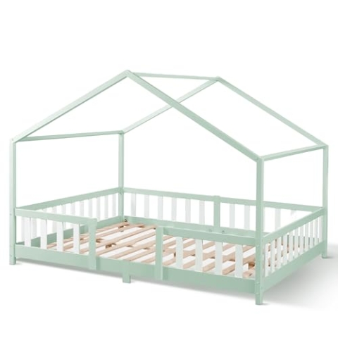 [en.casa] Kinderbett Treviolo Hausbett 120 x 200 cm Holzbett für Kinder mit Rausfallschutz Bettgestell mit Lattenrost Kiefernholz Mintgrün