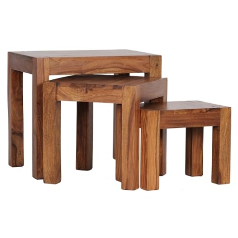 Wohnling 3er Set Satztisch Massiv-Holz Sheesham Wohnzimmer-Tisch Landhaus-Stil Beistelltisch dunkel-braun Naturholz