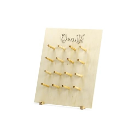 Aufsteller aus Holz 45x55cm - Donuts Ständer mit 16 Haken - Donut Bagel Brezel Wall - Deko Holzständer Hochzeit Geburtstag Babyparty - Natur