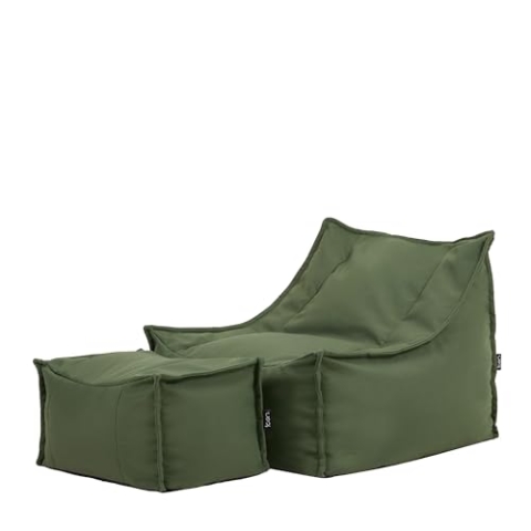Icon Alto Sitzsack Sessel mit Hocker, Khakigrün, Olefin Stoff für Drinnen und Draußen, Riesen Sitzsack mit Füllung, Bequemer Sessel, Garten, Terrasse, Lounge, Wohnzimmer