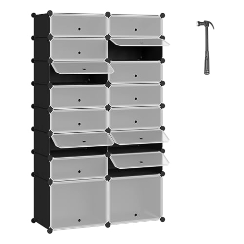 WOLTU Schuhregal, Schuhschrank mit 16 Fächern, für 32 Paar Schuhe, Schuhorganizer, Steckregal, DIY Regal mit Türen, aus PP-Kunststoffplatten, mit Kunststoffhammer, Schwarz + Weiß
