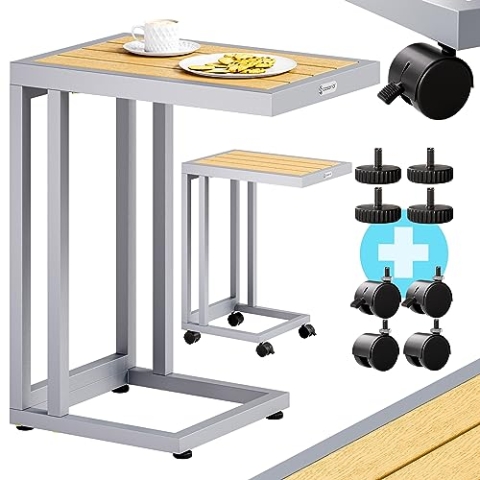 Casaria® Beistelltisch C-Form 50x40x66 cm Metall WPC Tischplatte 40kg Belastbarkeit Rollen Wetterfest Outdoor Gartentisch Balkontisch Tisch Creme Weiß
