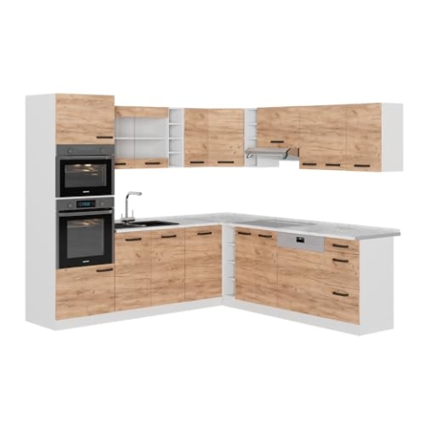 Vicco Eckküche R-Line, Küchenzeile in L-Form, Goldkraft Eiche/Weiß, 237 x 247 cm AP Marmor
