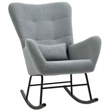 HOMCOM Schaukelstuhl, Schaukelsessel mit Teddystoff-Optik, Armlehne, Stillsessel mit Metallkufen, Lendenkissen, Relaxsessel mit Seitentasche für Wohnzimmer, Schlafzimmer, Grau