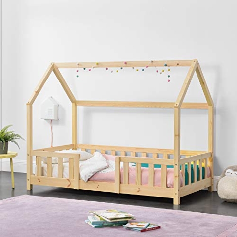[en.casa] Kinderbett Sisimiut Hausbett 80 x 160 cm mit Rausfallschutz Holzbett für Kinder Bodenbett Lattenrost Kiefernholz Holzfarben