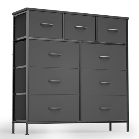 Xbro Kommode mit Schubladen, Kommode Schrank mit 9 Schubladen aus Stoff, Aufbewahrungsschrank für Kleiderschränke, Kommode Schlafzimmer für Schlafzimmer, Wohnzimmer, Diele (Dunkelgrau)
