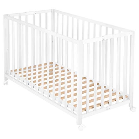 roba Klappbett Fold Up 60 x 120 - Klappbares Babybett aus Holz - 2-fach höhenverstellbar - Platzsparendes Gitterbett auf Rollen - Weiß