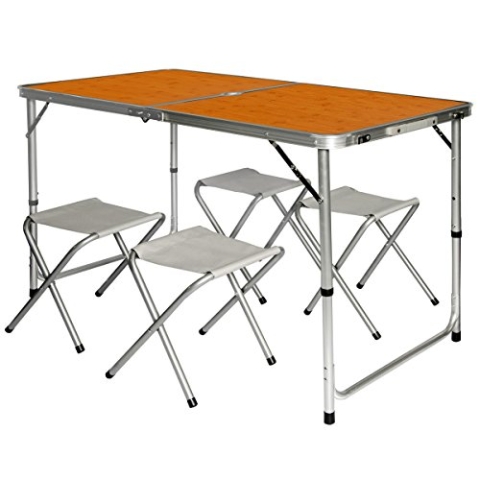 AMANKA Alu Campingtisch 120x60cm - Klapptisch Set mit 4 Stühlen - 3-Fach höhenverstellbarer Falttisch Bambus-Optik